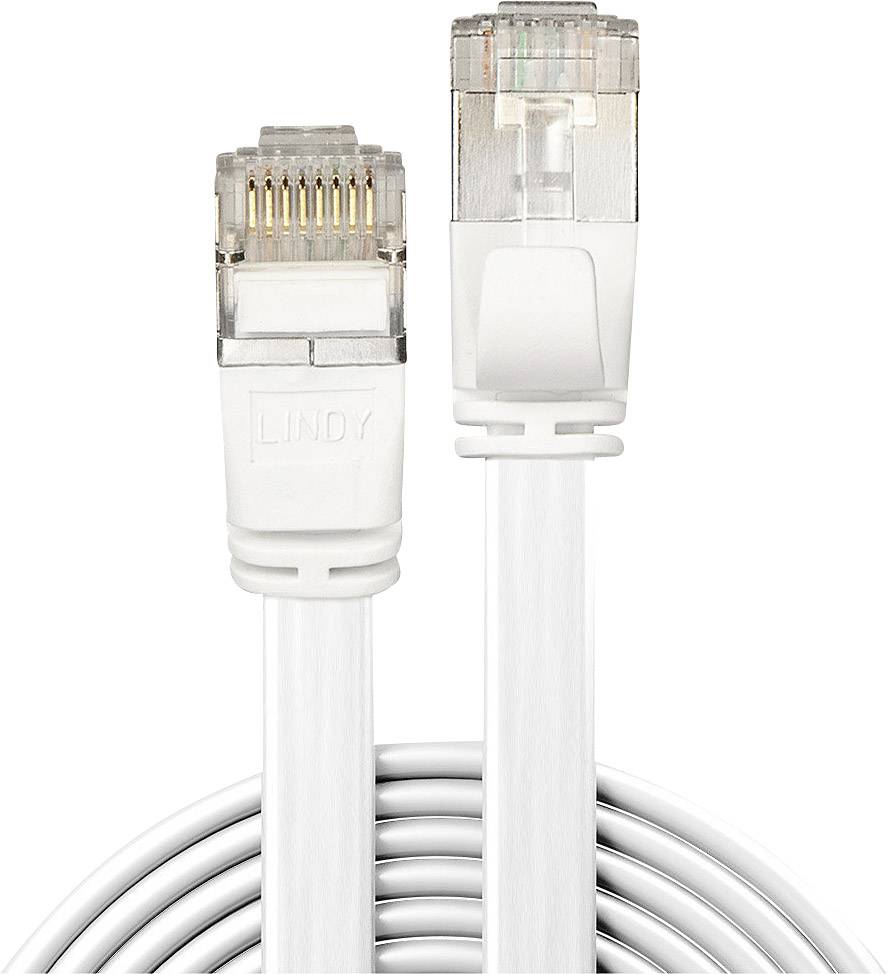 Zwei weiße Ethernet-Kabelstecker, einer mit sichtbaren goldenen Kontakten.