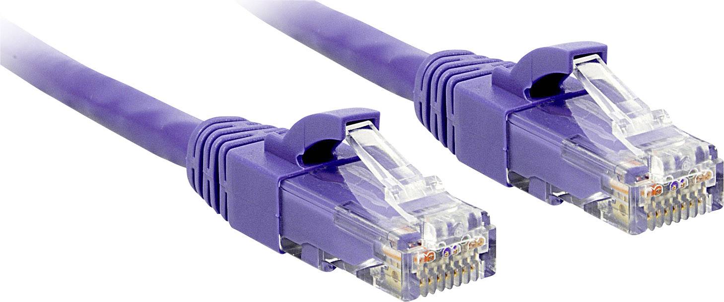 Zwei violette Ethernet-Kabel mit durchsichtigen Steckern liegen nebeneinander und zeigen die Anschlussseite nach vorne.