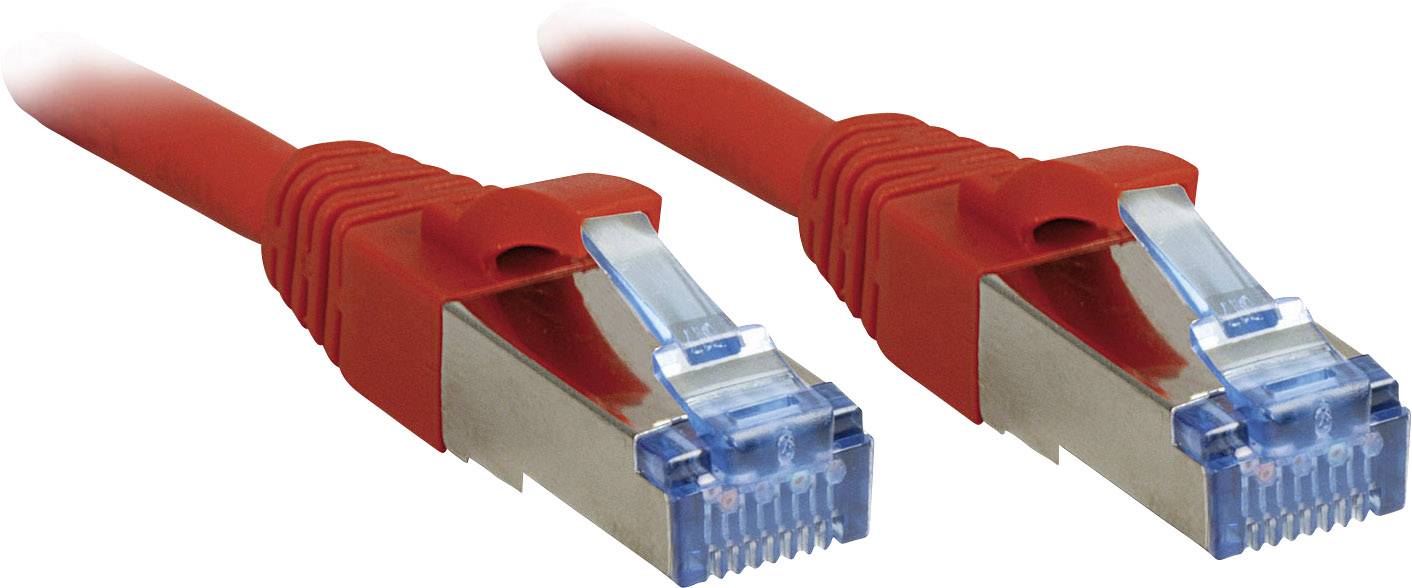 Zwei rote Netzwerkkabel mit metallischen Steckern und blauen Kunststoffklammern, bereit für die Verbindung von Netzwerkgeräten.