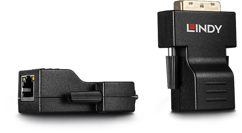 Zwei schwarze Elektronikadapter: Links ein Adapter mit RJ-45-Port, rechts ein HDMI-Stecker mit dem Markennamen LINDY.