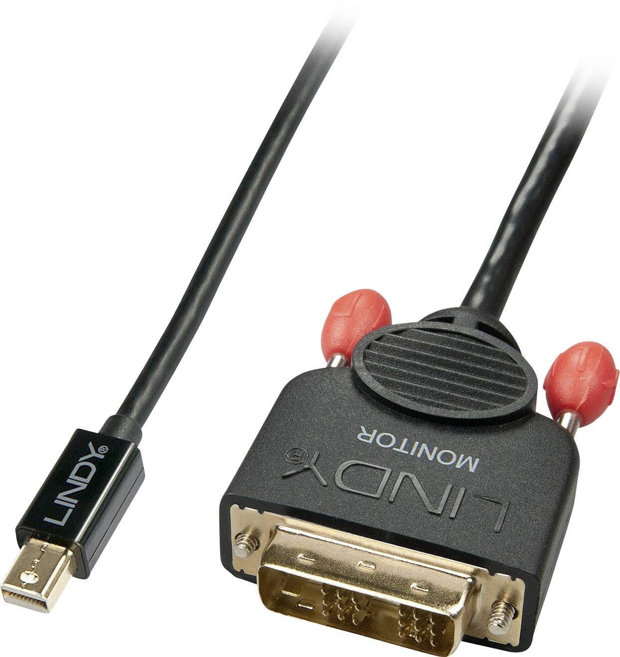 'Mini DisplayPort auf DVI-D Adapterkabel von Lindy' zeigt das Kabel mit Mini DisplayPort-Stecker und DVI-D-Stecker für Monitoranschluss.