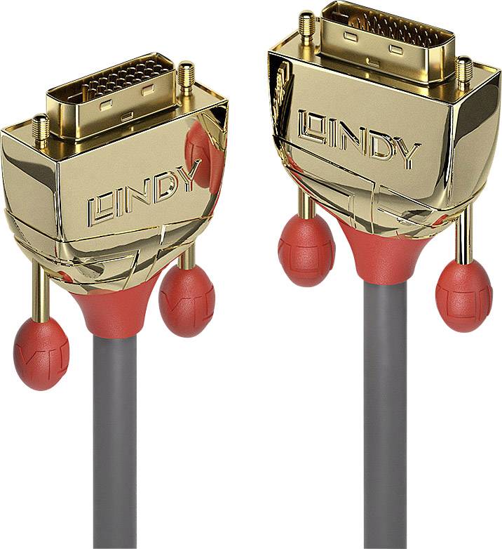 Zwei goldene DVI-Stecker mit rotem und grauem Kabel, die als Verbindungskabel für Monitore dienen. Markenname 'Lindy' sichtbar.