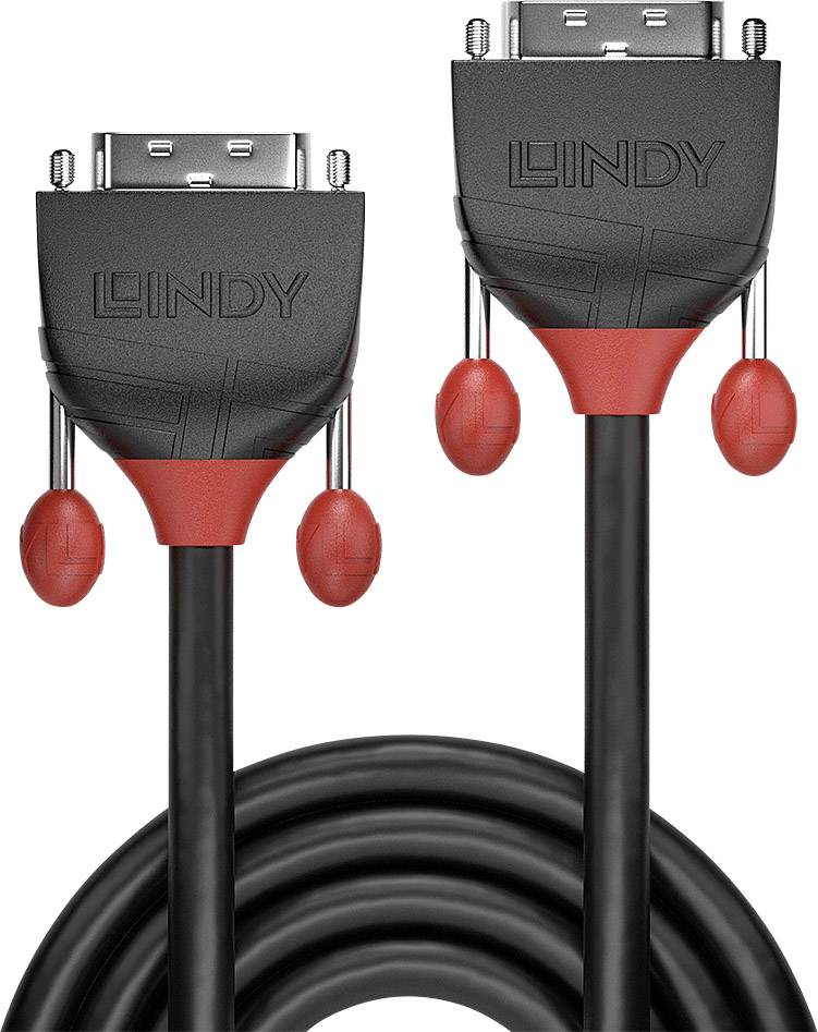Lindy DVI-Kabel mit rot-schwarzem Steckerdesign, geeignet für hochauflösende Videoübertragungen.