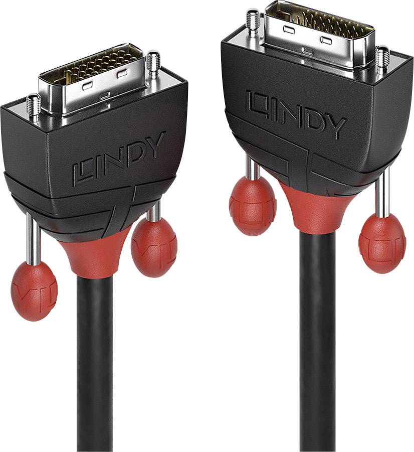 Zwei schwarze und rote DVI-Kabel mit markanten Enden, offenbart technische Details für audiovisuelle Verbindungen.