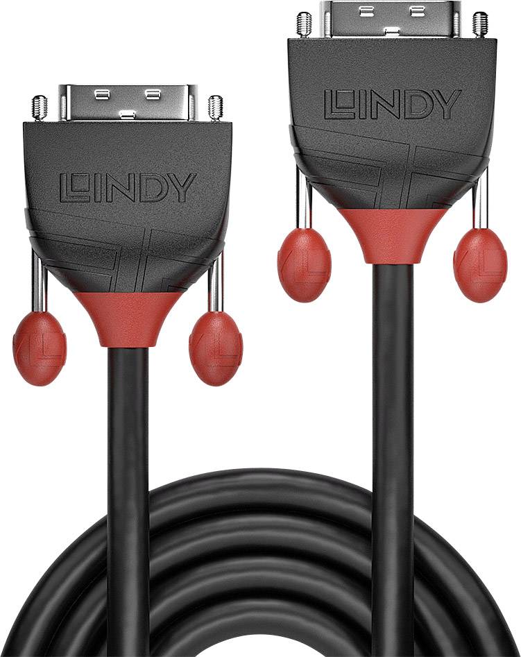 Ein schwarzes Kabel mit zwei VGA-Anschlüssen, das mit 'Lindy' beschriftet ist. Die Anschlüsse sind rot-schwarz gestaltet.