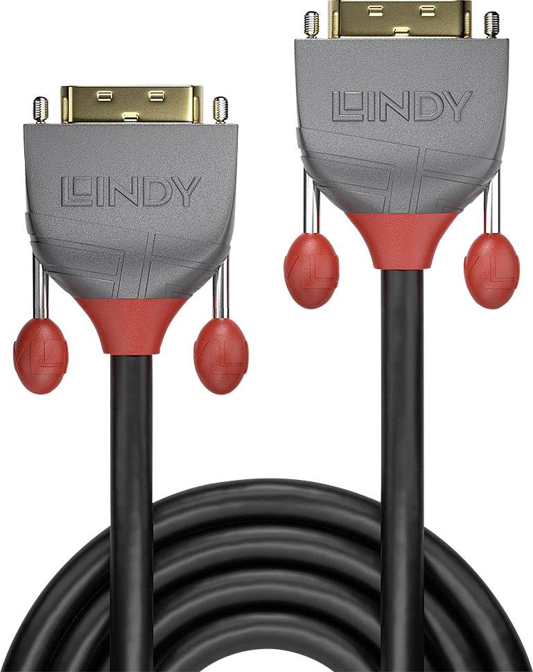 Zwei DVI-Kabelstecker mit grauem und rotem Design und der Aufschrift 'Lindy'. Die Kabel sind schwarze, dicke Fotografie von Anschlusskabeln.