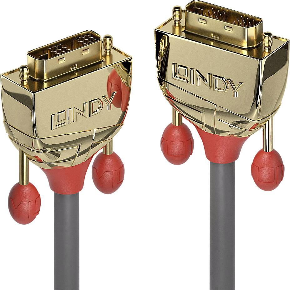 Zwei vergoldete Stecker mit der Aufschrift LINDY und grauen Kabeln, geeignet für hochwertige Videoverbindungen.