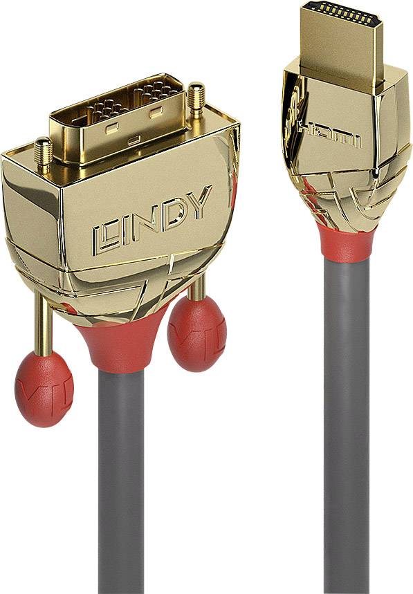 Zwei vergoldete Kabelstecker: links ein DVI-Stecker, rechts ein HDMI-Stecker, beide mit rotem Detail und der Marke 'Lindy' auf dem DVI-Stecker.