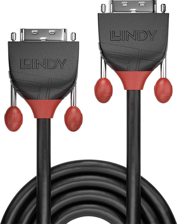 Zwei schwarze Kabel mit roten Details und DVI-Anschlüssen der Marke Lindy, nebeneinander angeordnet.