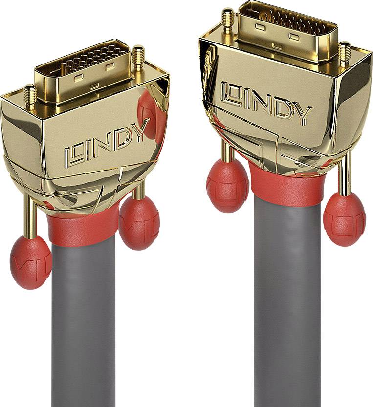 Zwei goldene DVI-Kabelstecker mit rotem Anschlussende. Stecker sind mit 'LINDY' beschriftet und für hochauflösende Videoübertragung ausgelegt.