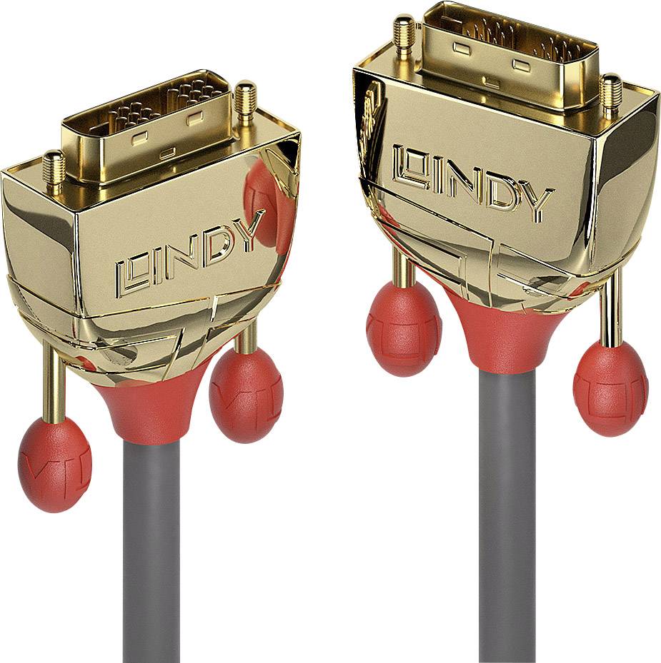 Zwei goldfarbene DVI-Stecker mit der Aufschrift 'LINDY' und roten, gummiartigen Endkappen, verbunden durch ein schwarzes Kabel.