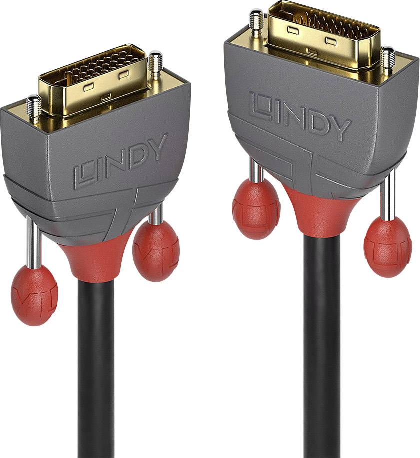 Zwei DVI-Kabel mit grauen, viereckigen Steckern und roten Griffen, Markenname 'Lindy' auf den Steckern sichtbar.