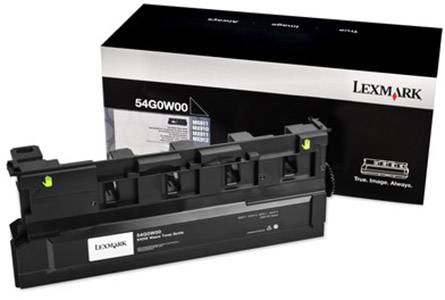 Lexmark Tonerkassette und Verpackung. Die Kassette ist schwarz mit grünen Details. Auf der Verpackung steht 'Lexmark' und das Modell '54G0W00'.