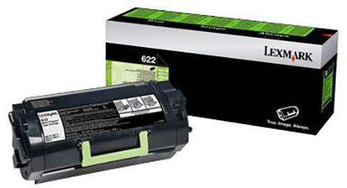Eine schwarze Tonerkartusche und ihre Verpackung der Marke Lexmark sind zu sehen. Die Verpackung trägt die Aufschrift '622' und zeigt das Markenlogo.