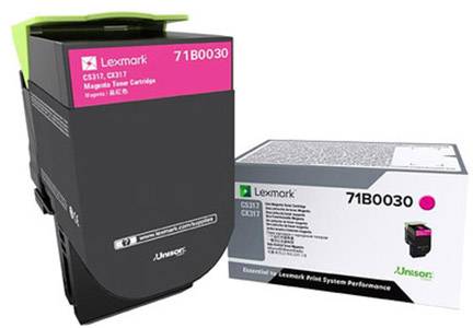 'Tintenpatrone Lexmark 71B0030, magenta, für Druckermodelle CS317, CS417, CX317' neben passender Kartonverpackung.