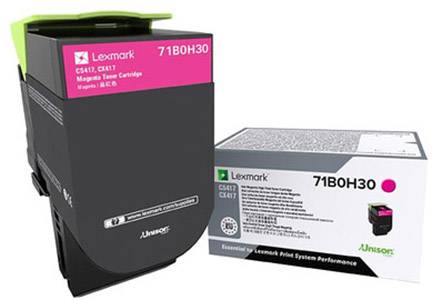 Druckerpatrone Lexmark 71B0H30 in Magenta mit Verpackung. Für Druckermodelle CS417, CX417. Auf der Verpackung sind Spezifikationen angegeben.