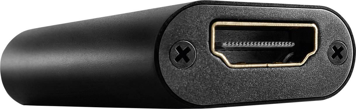 Schwarzes HDMI-Kabelende mit sichtbarem Anschluss und Schrauben, Nahaufnahme.