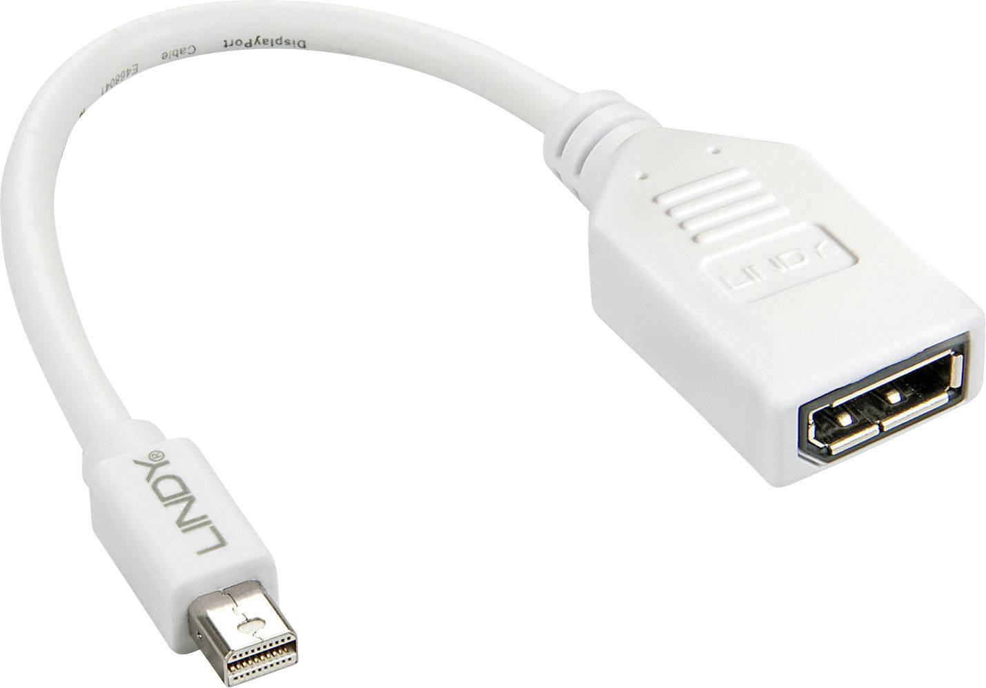 Ein weißer Adapter mit einem Mini DisplayPort-Stecker auf der einen Seite und einem HDMI-Buchse auf der anderen, für Videoverbindungen.