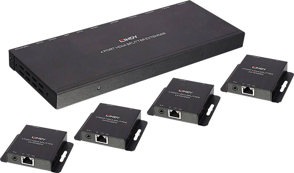 LINDY 70m Cat.6 4 Port HDMI 4K30 & IR Splitter Extender (Loop Out) 4 Port HDMI-Splitter 3840 x 2160 Pixel Schwarz