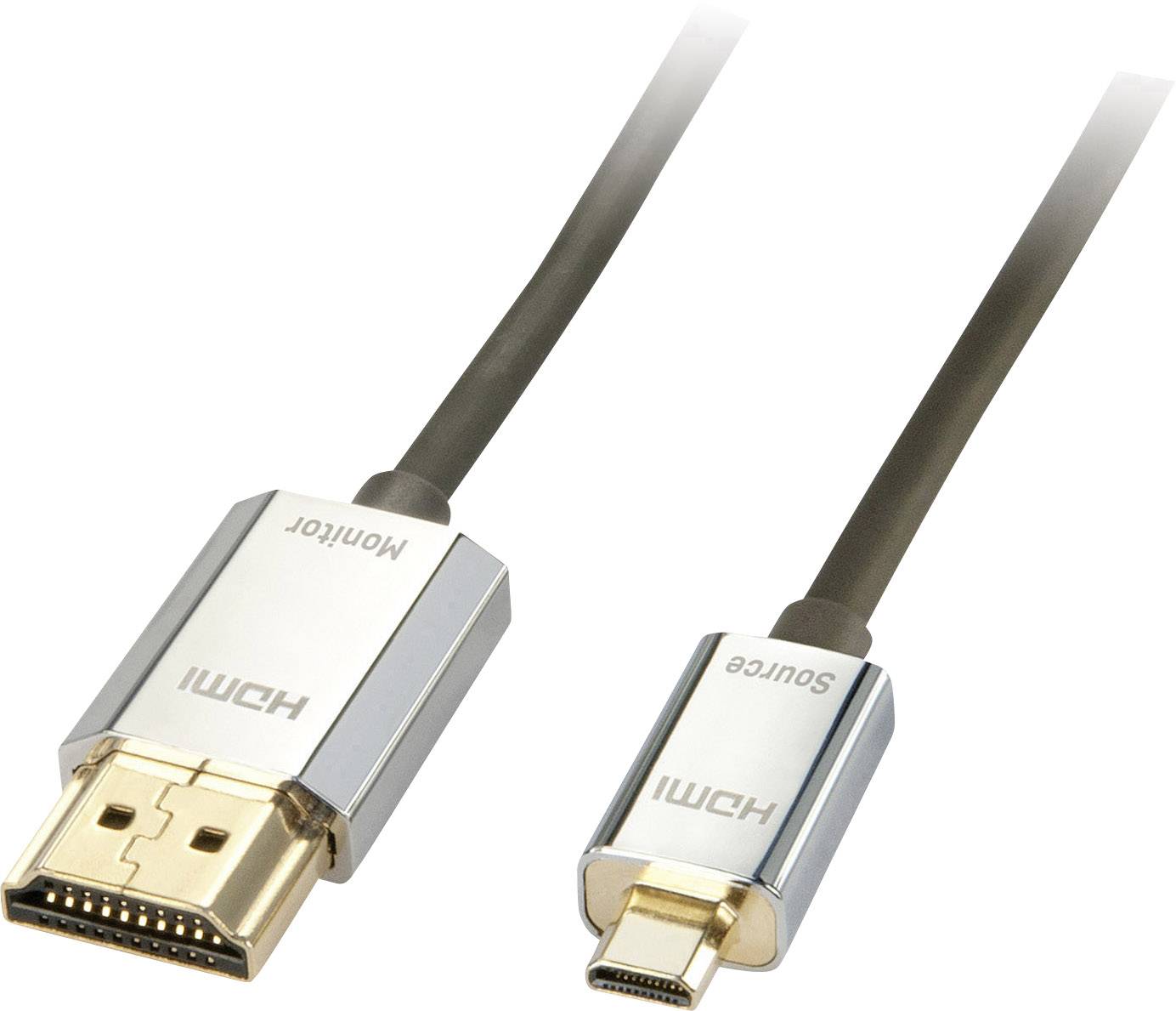 HDMI-Kabel mit unterschiedlichen Steckertypen, rechts kleiner Typ, links Standardgröße, beide Ausgänge silbern mit 'Monitor' und 'Source' Beschriftung.