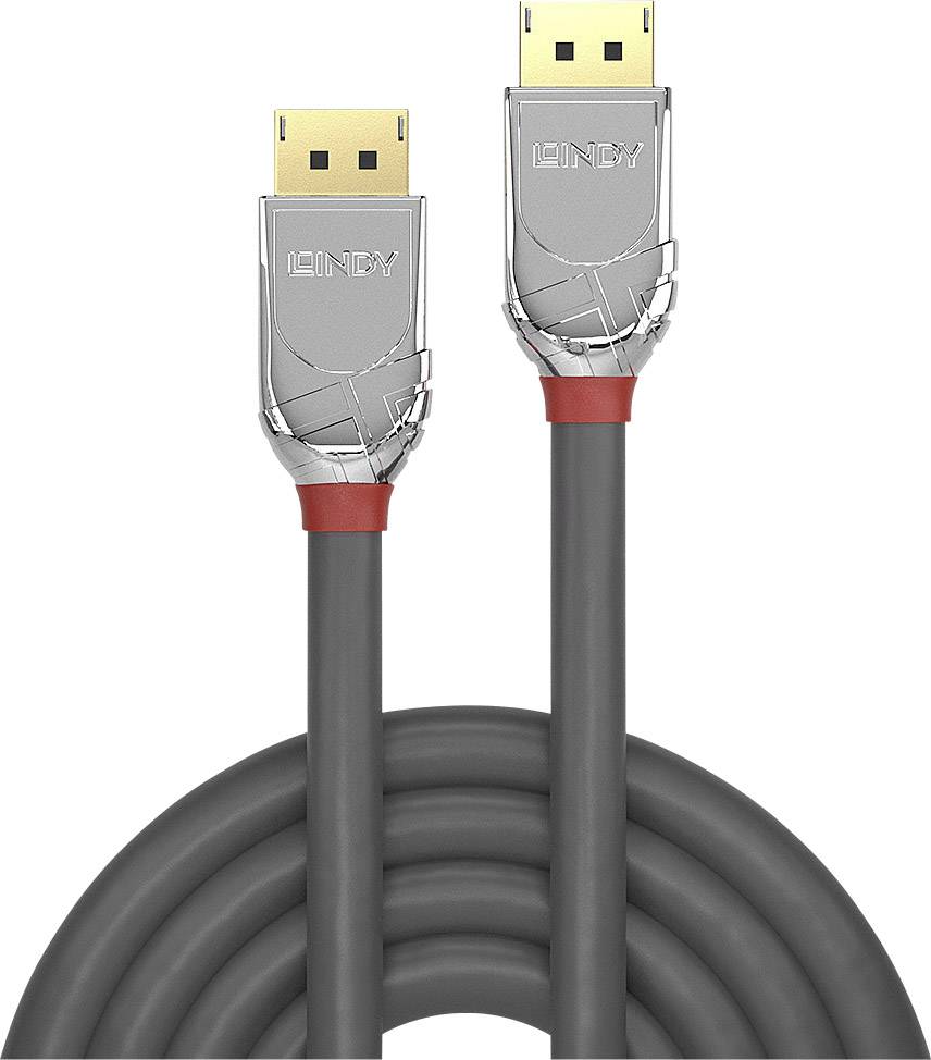 Zwei DisplayPort-Kabel mit grauer Ummantelung und silbernen Anschlussstücken mit rotem Akzent, geeignet für hohe Datenübertragung.