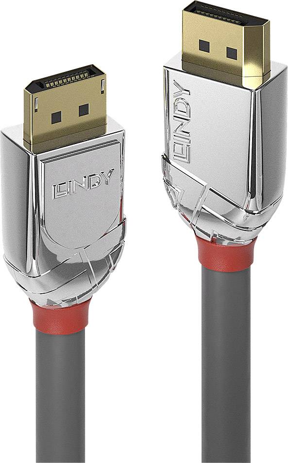 Zwei DisplayPort-Kabel mit silbernen, metallischen Steckern und roten Details, geeignet für hochauflösende Video- und Audioübertragung.