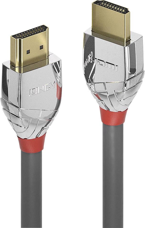 Zwei silberne HDMI-Kabelstecker mit roten Akzenten, geeignet für die Übertragung von Audio- und Videosignalen in hoher Qualität.