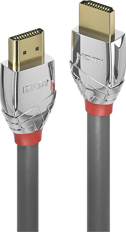 Ein HDMI-Kabel mit Metallsteckern und rotem Akzent auf schwarzem Kabel. Markenaufschrift auf Stecker. Verwendbar für Audio-/Videoverbindungen.