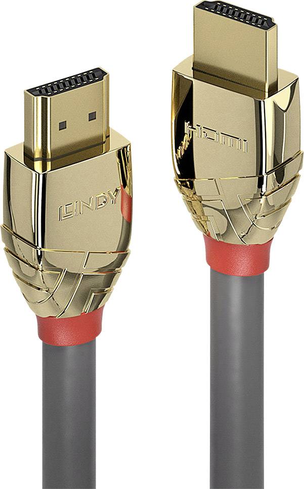 Zwei goldfarbene HDMI-Kabelstecker mit rotem Detail an den grauen Kabeln, glänzende Oberfläche, Markenname sichtbar.