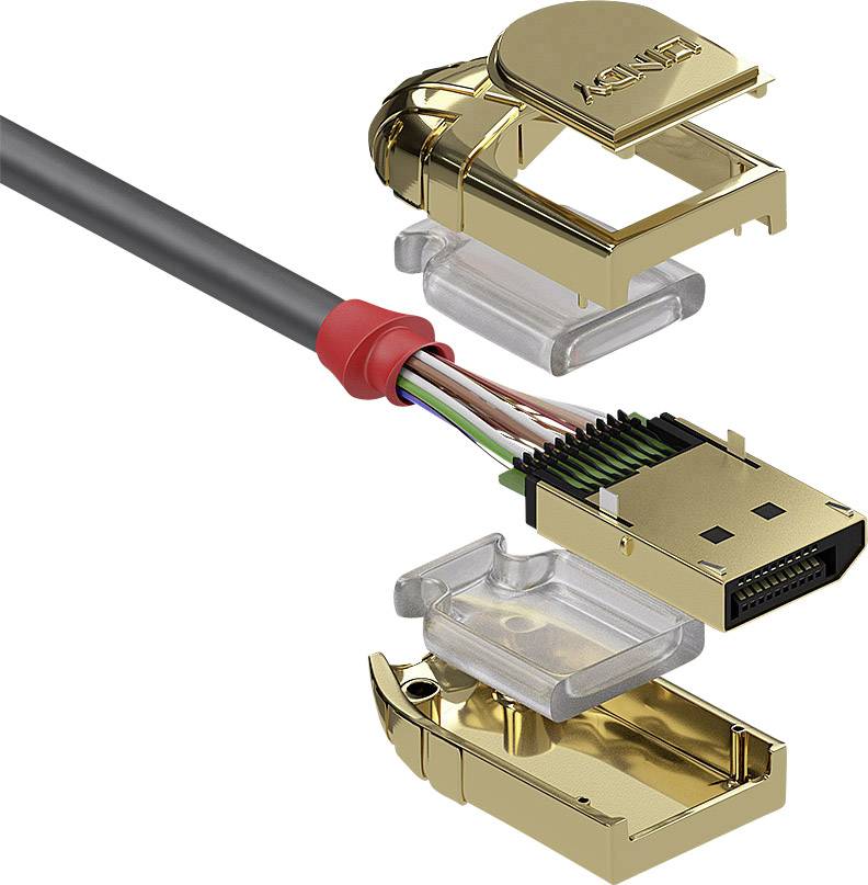 Explodierte Ansicht eines RJ45-Steckers mit aufgeschraubten Teilen und freigelegten Kabeln in verschiedenen Farben.