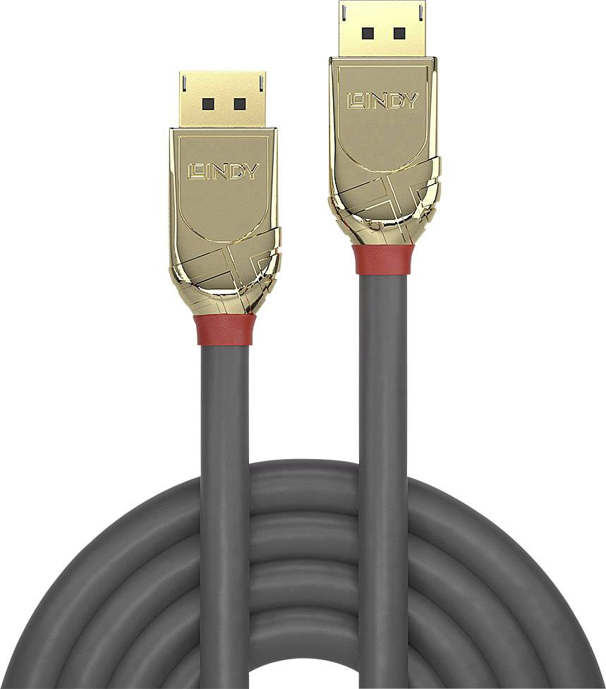 DisplayPort-Kabel mit goldenen Steckern und grauem Kabelmantel, geeignet für hochauflösende Video- und Audioübertragung.