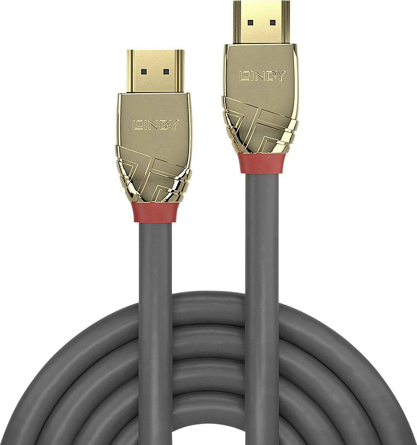 Ein HDMI-Kabel mit goldenen Steckern und grauem Kabel. Die Markierung 'Lindy' ist auf den Steckern sichtbar.