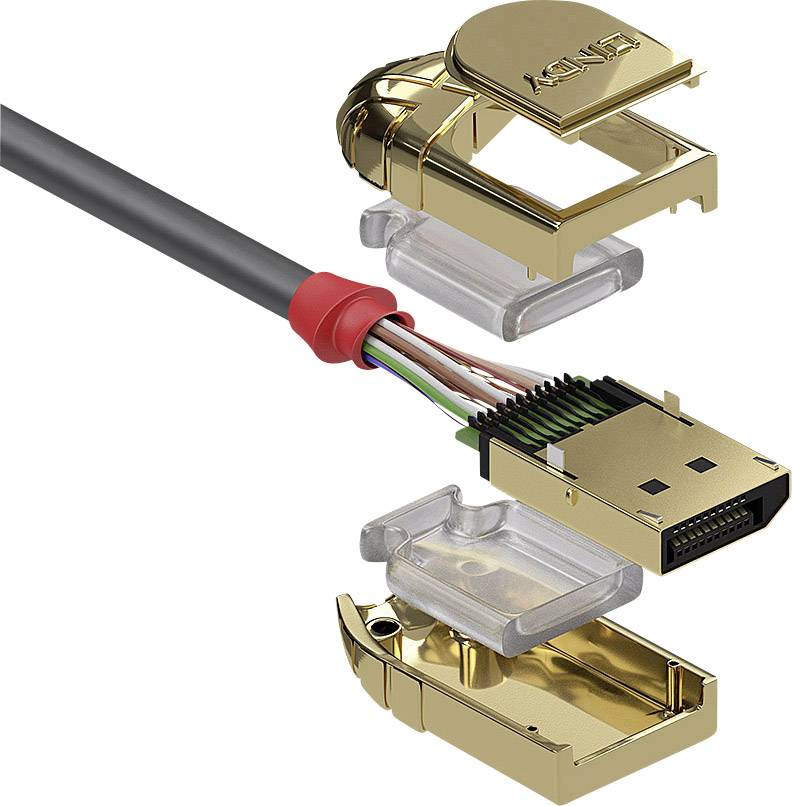 Darstellung eines auseinandergebauten HDMI-Steckers mit Kabel. Sichtbar sind goldene Kontakte und farbige Drähte im Inneren des Steckers.