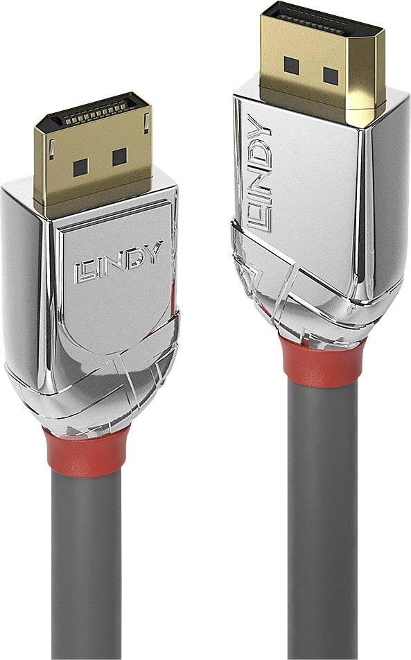 Zwei silberne DisplayPort-Kabel mit roten Ringen und schwarzem Kabel. Die Stecker tragen die Aufschrift 'Lindy'.