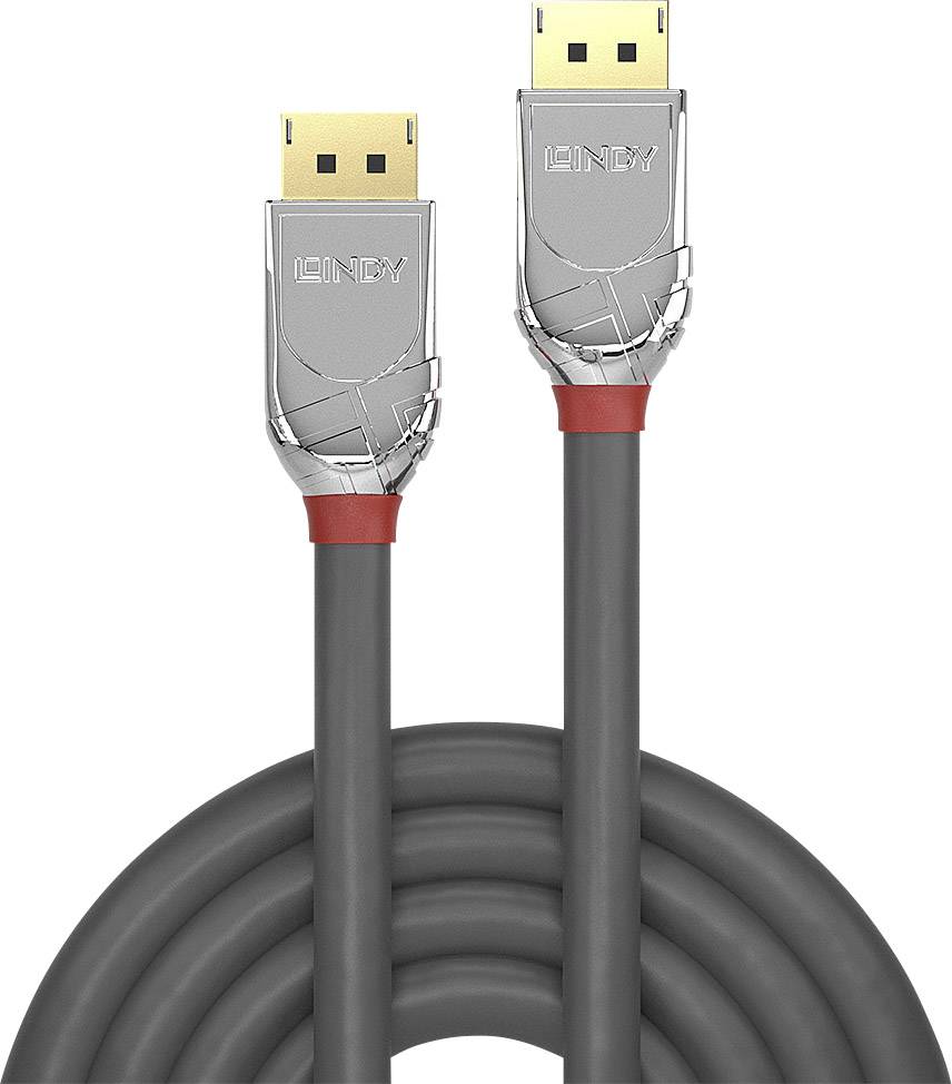 Ein graues, geflochtenes DisplayPort-Kabel mit silbernen Steckern. Es ist für die Verbindung von Monitoren und Computern geeignet.