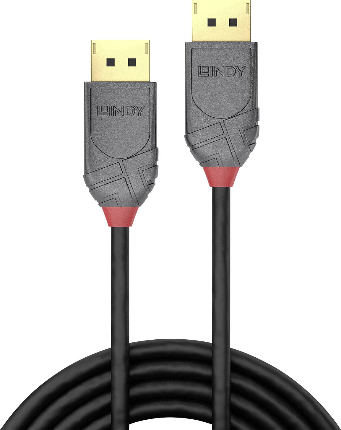 Ein schwarzes Kabel mit zwei DisplayPort-Steckern, jeweils mit grauem Gehäuse und rotem Detail an der Basis, markiert mit 'LINDY'.