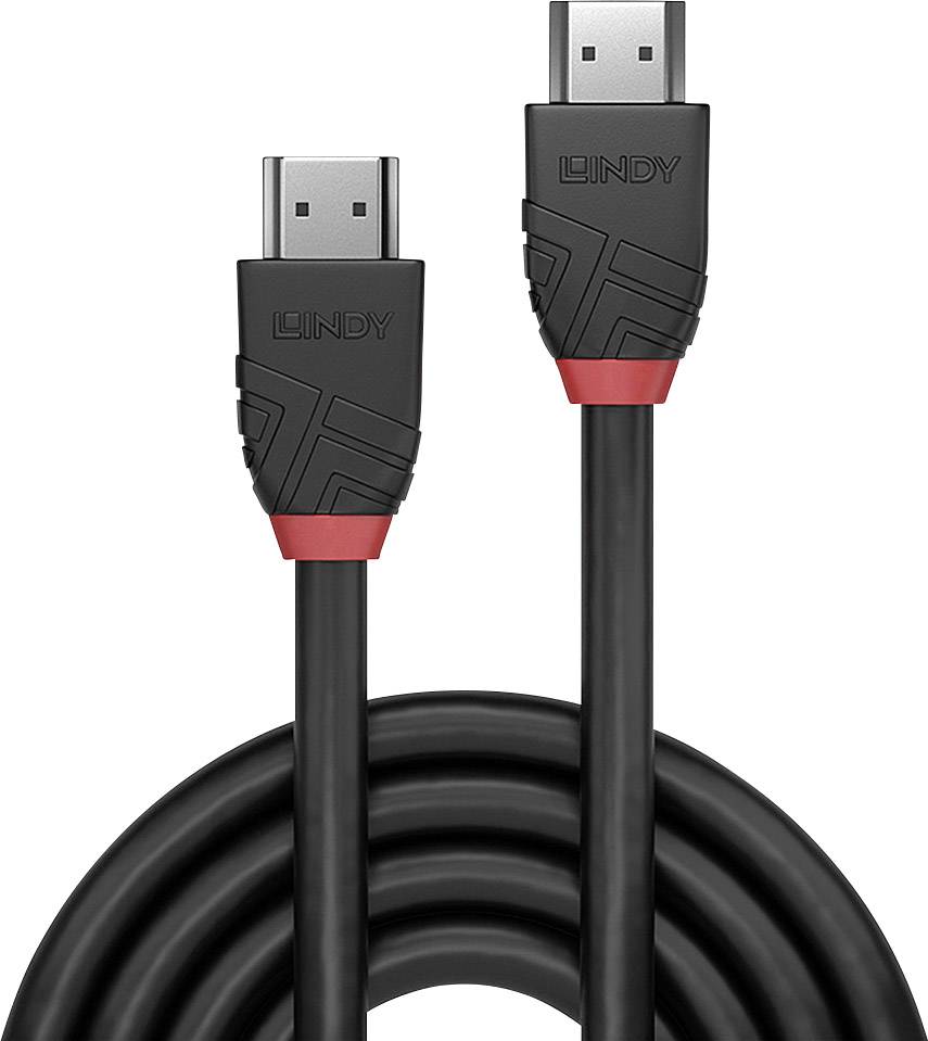 Zwei schwarze HDMI-Kabel mit roten Details und der Aufschrift 'LINDY'. Die Kabelenden sind zu sehen, eines ist teilweise aufgewickelt.
