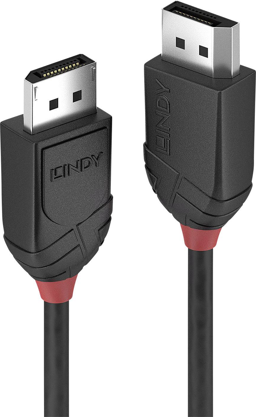 Ein schwarzes DisplayPort-Kabel mit zwei Steckern, die jeweils schwarze und rote Details aufweisen, auf weißem Hintergrund.