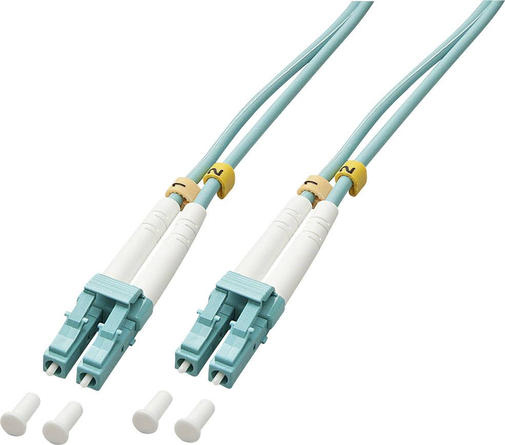 LWL-Audiokabel mit zwei türkisfarbenen Steckern und Schutzkappen. Ideal zur Übertragung von digitalen Audiosignalen.