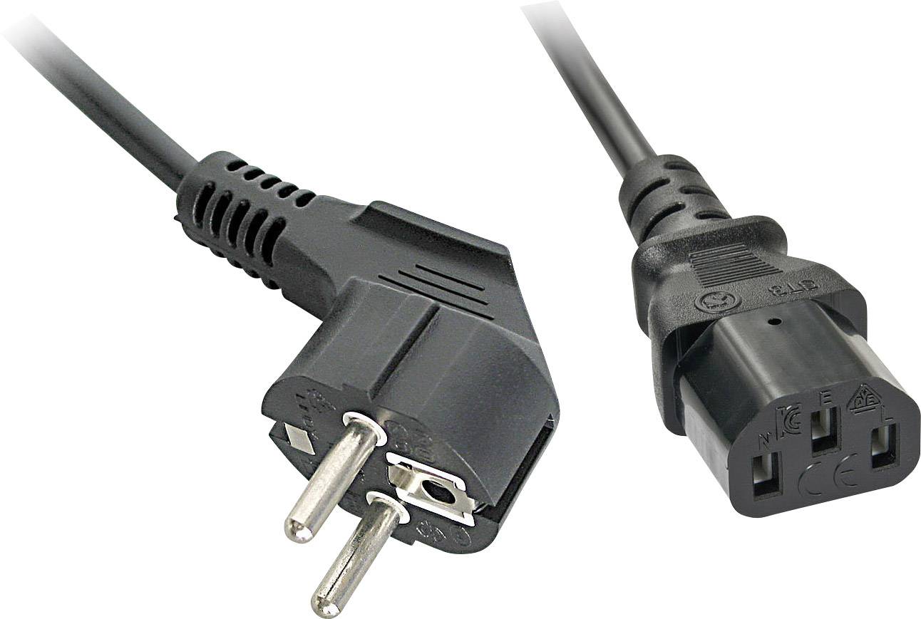 Stromkabel mit einem Schuko-Stecker links und einem IEC-Gerätestecker rechts; typisches Anschlusskabel für Elektrogeräte.
