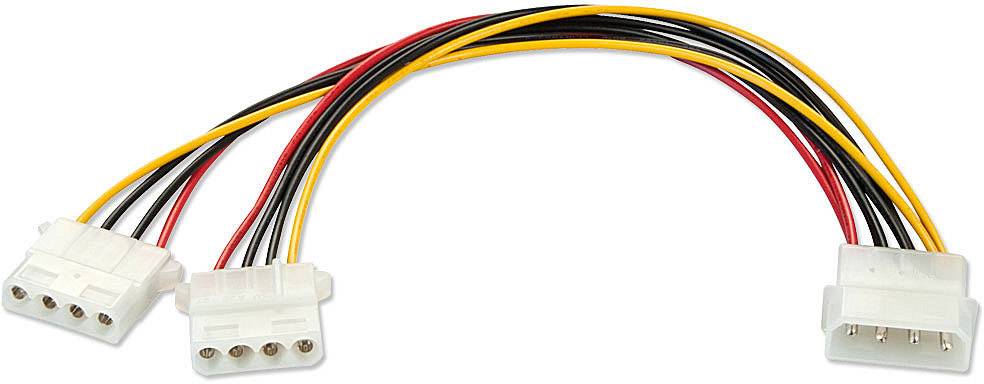 Y-Stromadapterkabel mit zwei 4-Pin-Molex-Anschlüssen und einem 4-Pin-Buchsenanschluss.