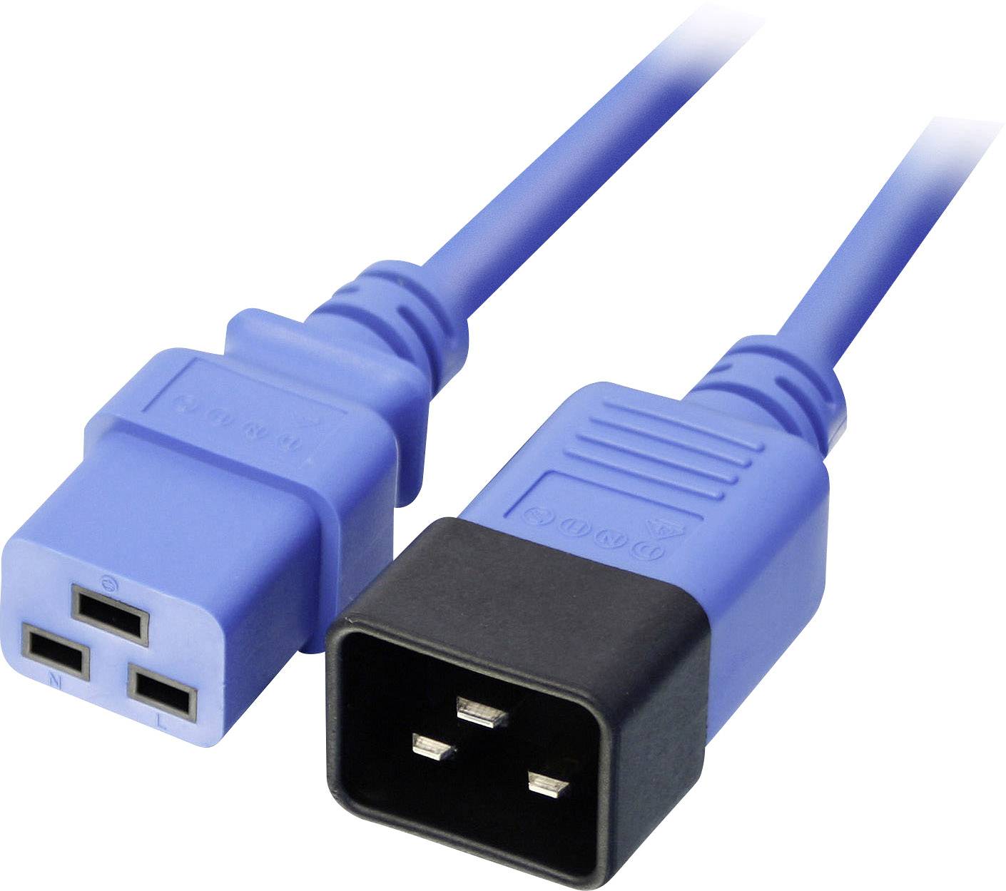 Ein blaues Stromkabel mit IEC-C19- und C20-Steckern, verwendet für Hochleistungsgeräte in Rechenzentren.