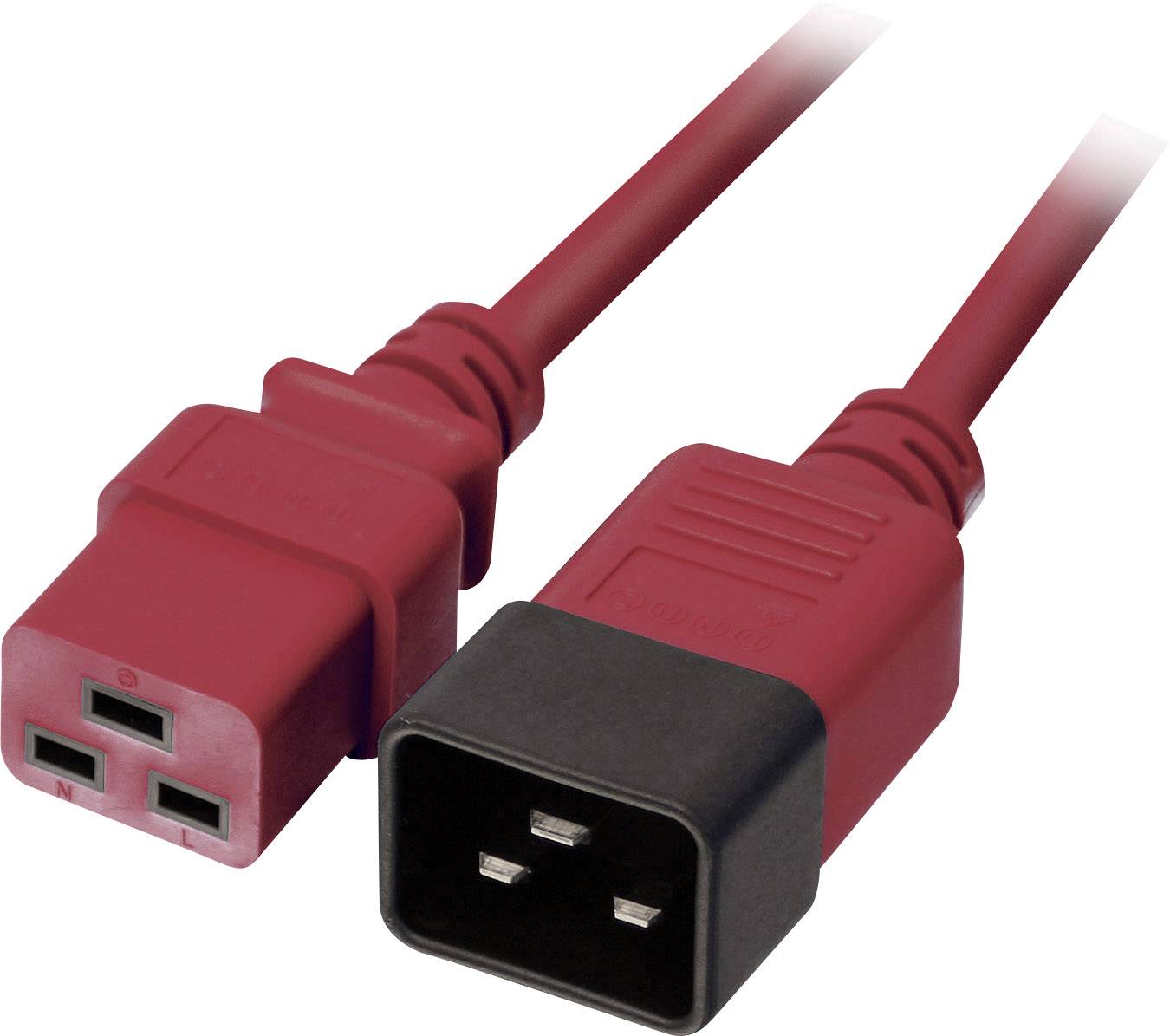 Ein rotes Netzkabel mit zwei Steckertypen: links ein C13-Stecker und rechts ein C14-Stecker, verwendet für Computergeräte.