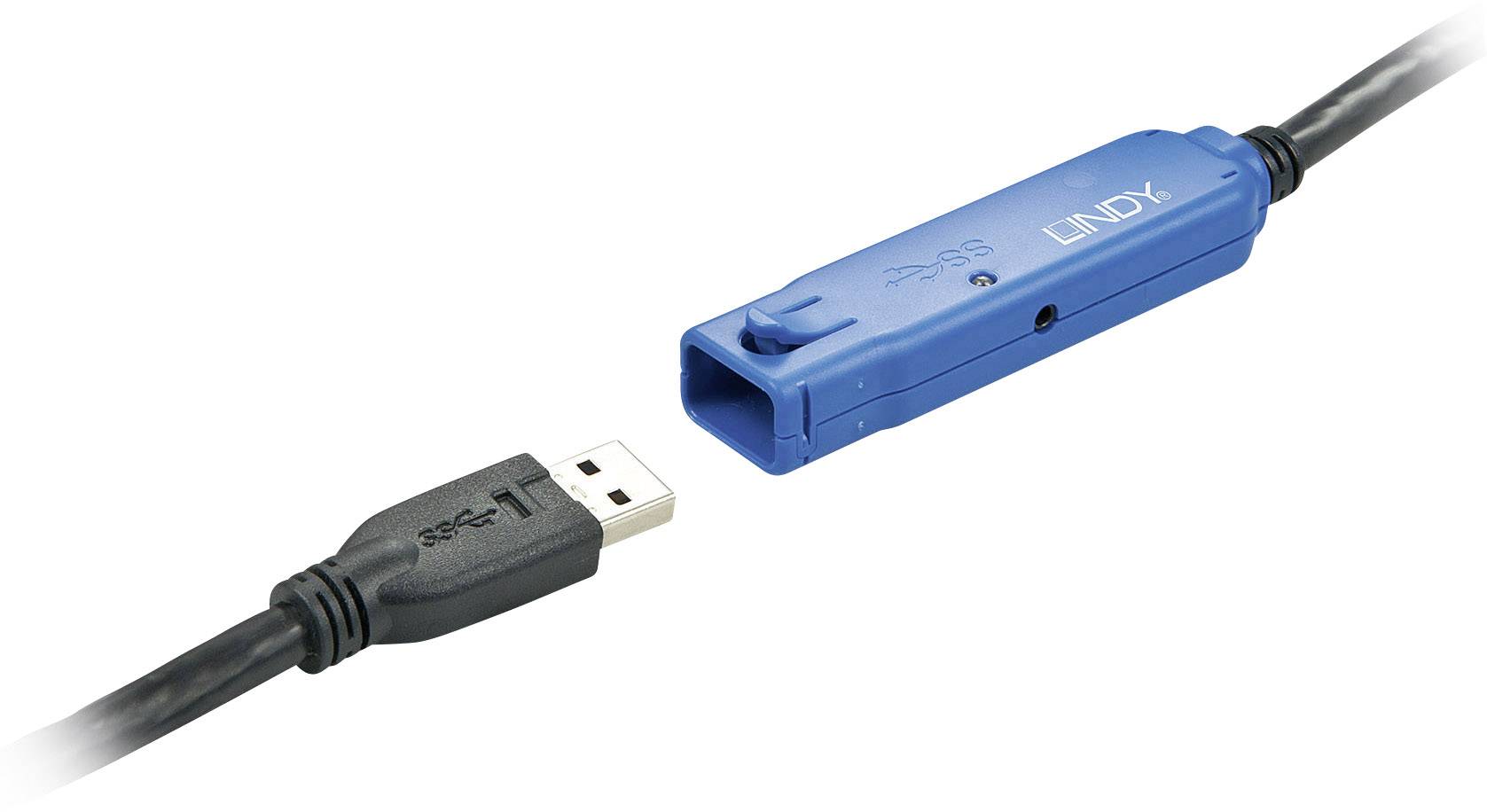 'USB 2.0 Repeater-Kabel', 5m, schwarz, mit blauem Verstärker. Eignet sich zur Verlängerung von Verbindungen für Geräte mit USB-Anschluss.