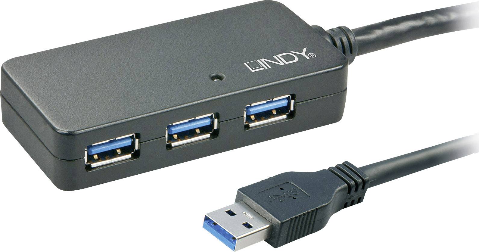 USB-Hub mit vier Anschlüssen, geeignet zur Erweiterung der Anschlussmöglichkeiten eines Computers. Er enthält ein Kabel mit USB-Stecker.