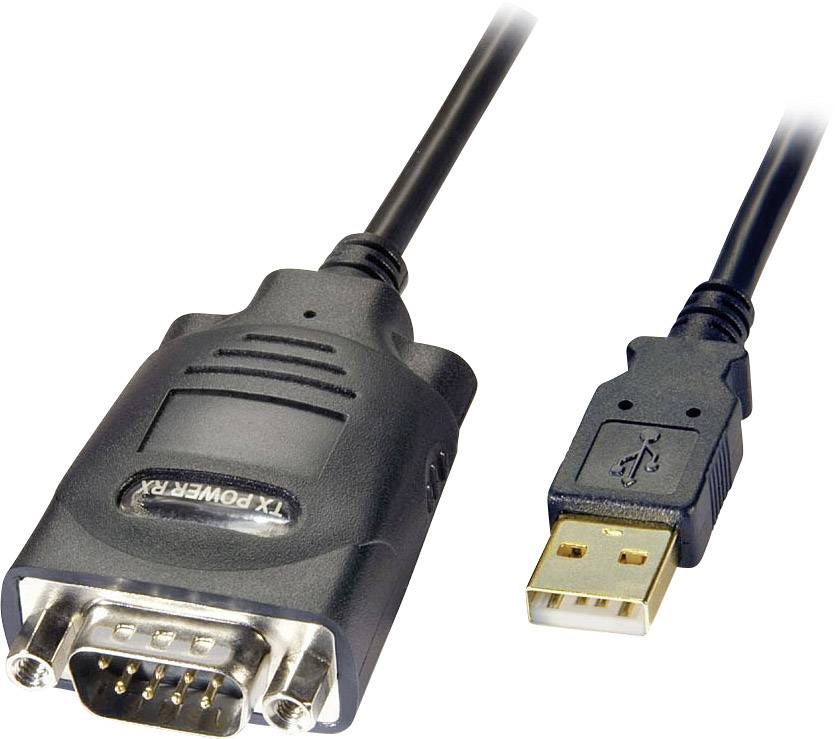 'USB zu RS232 Adapterkabel' zeigt eine USB-Verbindung auf der einen Seite und einen RS232-Anschluss auf der anderen.
