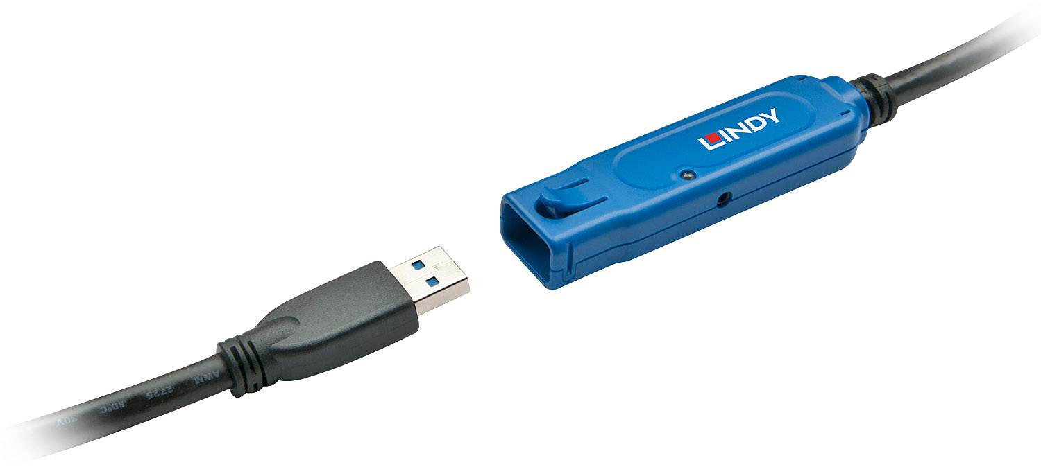 Ein blaues USB-Verlängerungskabel von Lindy mit einem USB-Stecker auf der linken Seite und einer blau ummantelten Buchse rechts.