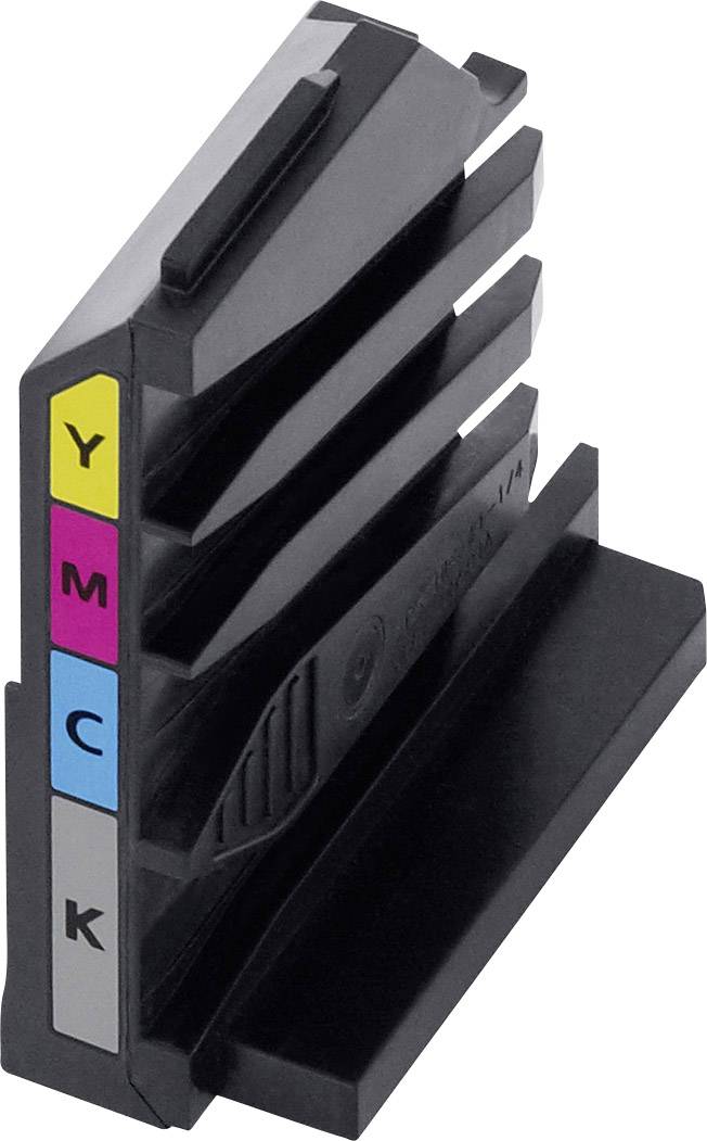 Eine schwarze Druckerpatrone mit vier Etiketten in den Farben Gelb, Magenta, Cyan und Schwarz.