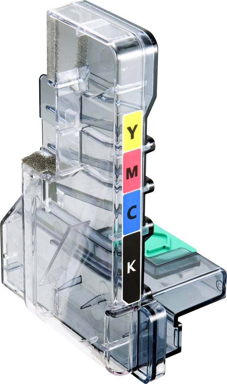 Transparente Druckerpatrone mit vier Fächern in den Farben Gelb, Magenta, Cyan und Schwarz, zur Verwendung in einem Tintenstrahldrucker.