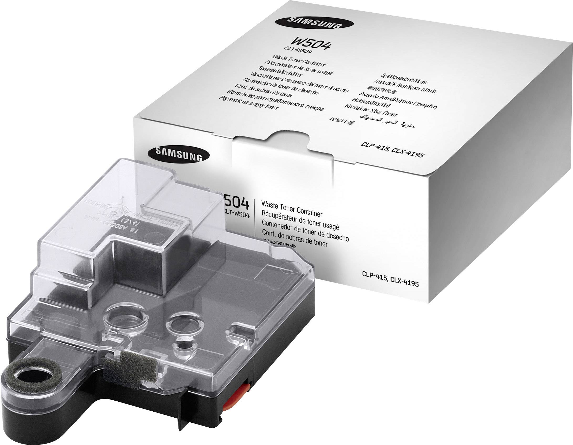 Eine schwarze Box mit der Aufschrift 'W504 Samsung Waste Toner Container' liegt neben einem transparenten Tonerbehälter.